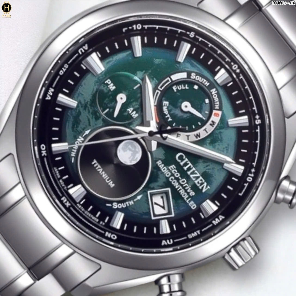 Đồng Hồ Nam Citizen Quartz Eco-drive Super Titanium Tsuki-Yomi Radio Controlled Perpetual Calendar Moon Phase Green BY1010-81X