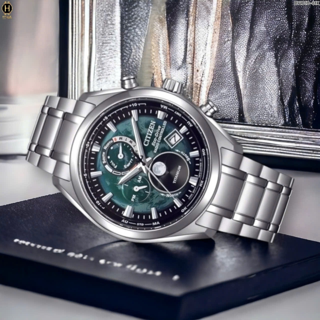 Đồng Hồ Nam Citizen Quartz Eco-drive Super Titanium Tsuki-Yomi Radio Controlled Perpetual Calendar Moon Phase Green BY1010-81X