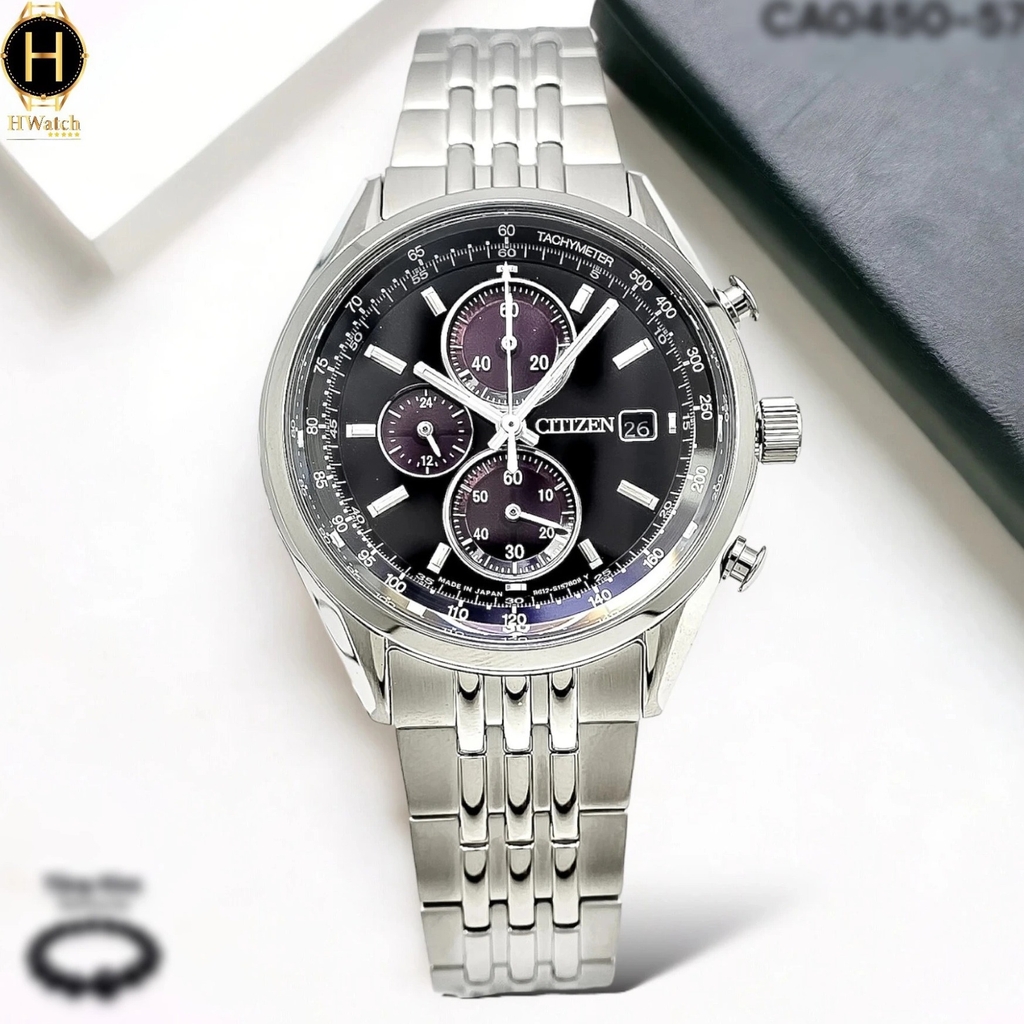 Đồng Hồ Nam Citizen Quartz Eco-Drive Chronograph CA0450-57E Dây Thép Vỏ Trắng Mặt Đen Sapphire
