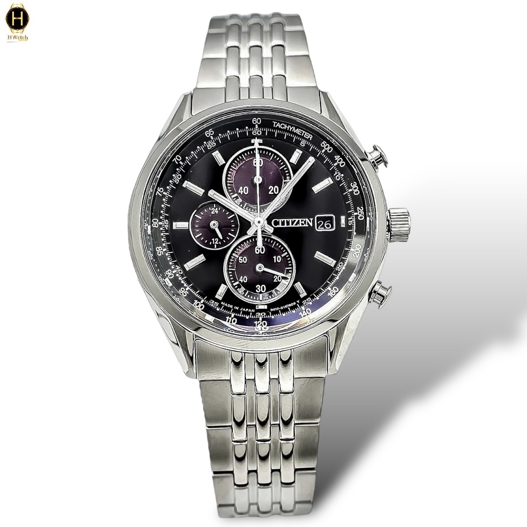 Đồng Hồ Nam Citizen Quartz Eco-Drive Chronograph CA0450-57E Dây Thép Vỏ Trắng Mặt Đen Sapphire