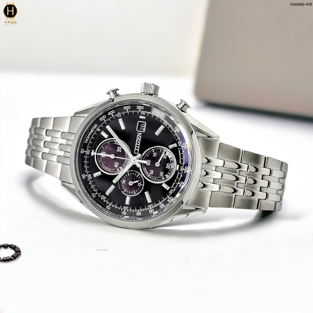 Đồng Hồ Nam Citizen Quartz Eco-Drive Chronograph CA0450-57E Dây Thép Vỏ Trắng Mặt Đen Sapphire