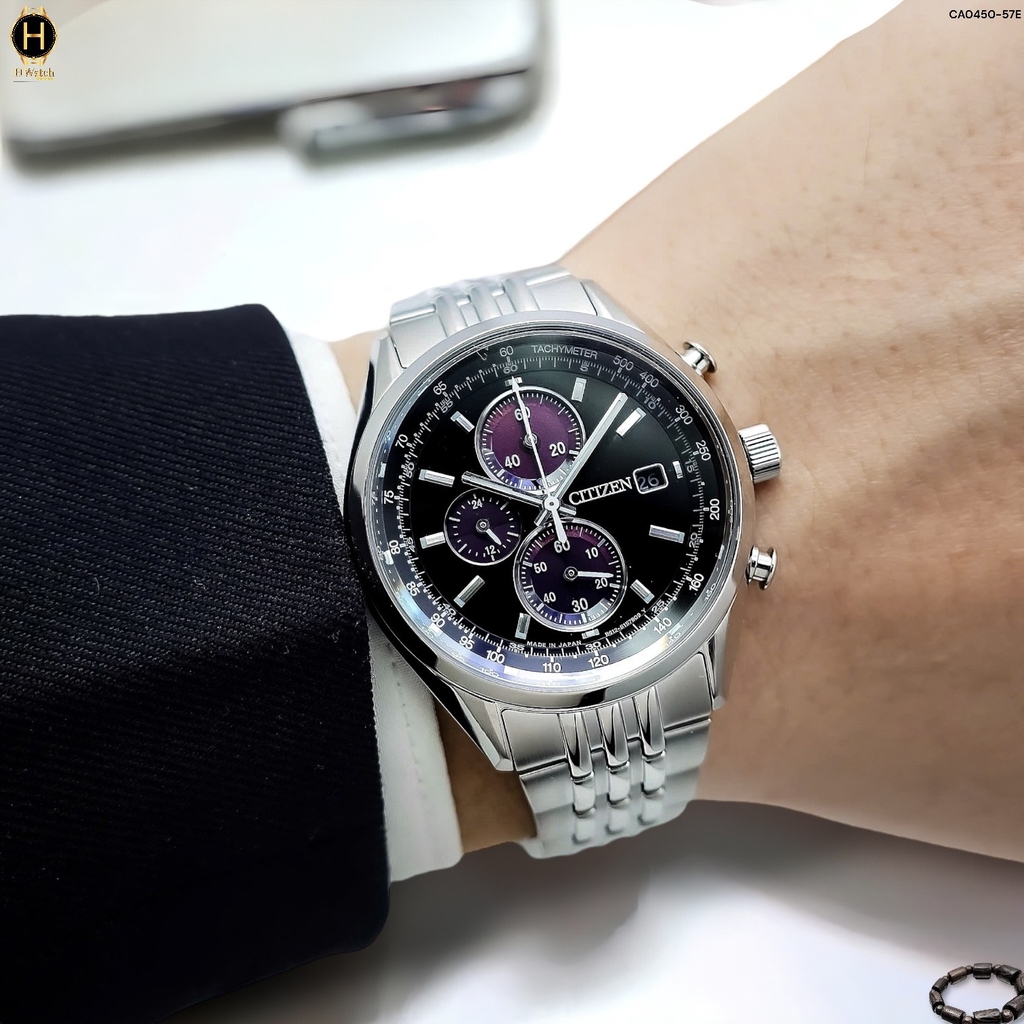 Đồng Hồ Nam Citizen Quartz Eco-Drive Chronograph CA0450-57E Dây Thép Vỏ Trắng Mặt Đen Sapphire