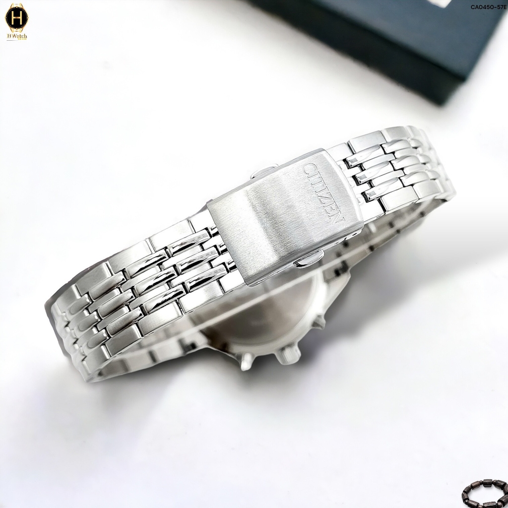 Đồng Hồ Nam Citizen Quartz Eco-Drive Chronograph CA0450-57E Dây Thép Vỏ Trắng Mặt Đen Sapphire