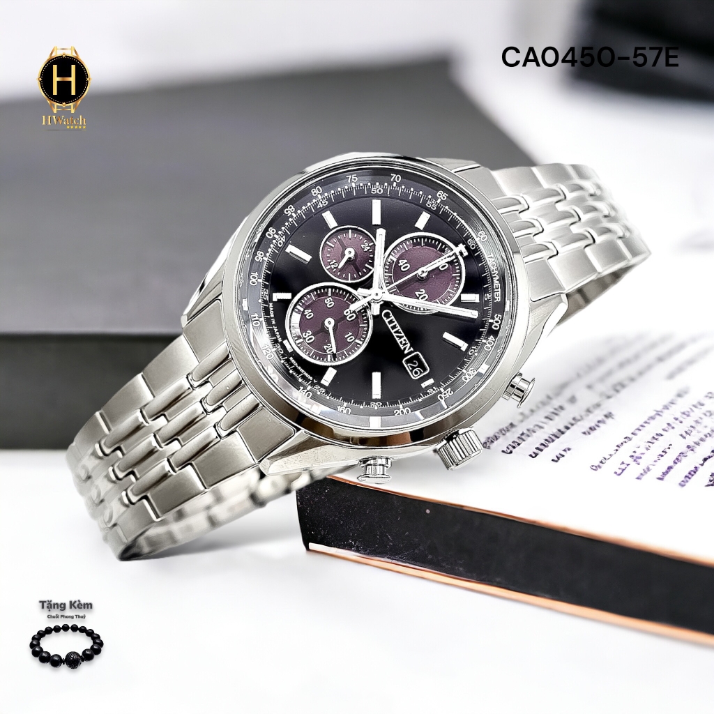 Đồng Hồ Nam Citizen Quartz Eco-Drive Chronograph CA0450-57E Dây Thép Vỏ Trắng Mặt Đen Sapphire