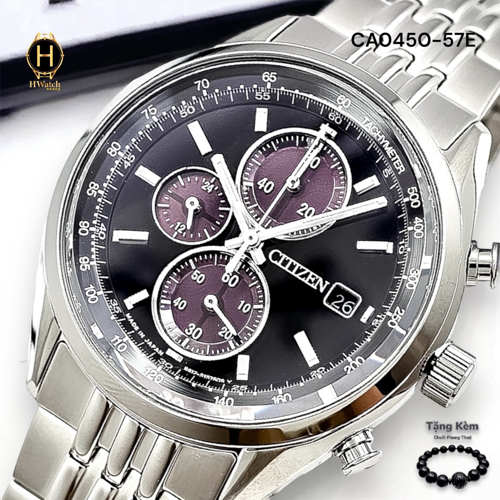 Đồng Hồ Nam Citizen Quartz Eco-Drive Chronograph CA0450-57E Dây Thép Vỏ Trắng Mặt Đen Sapphire