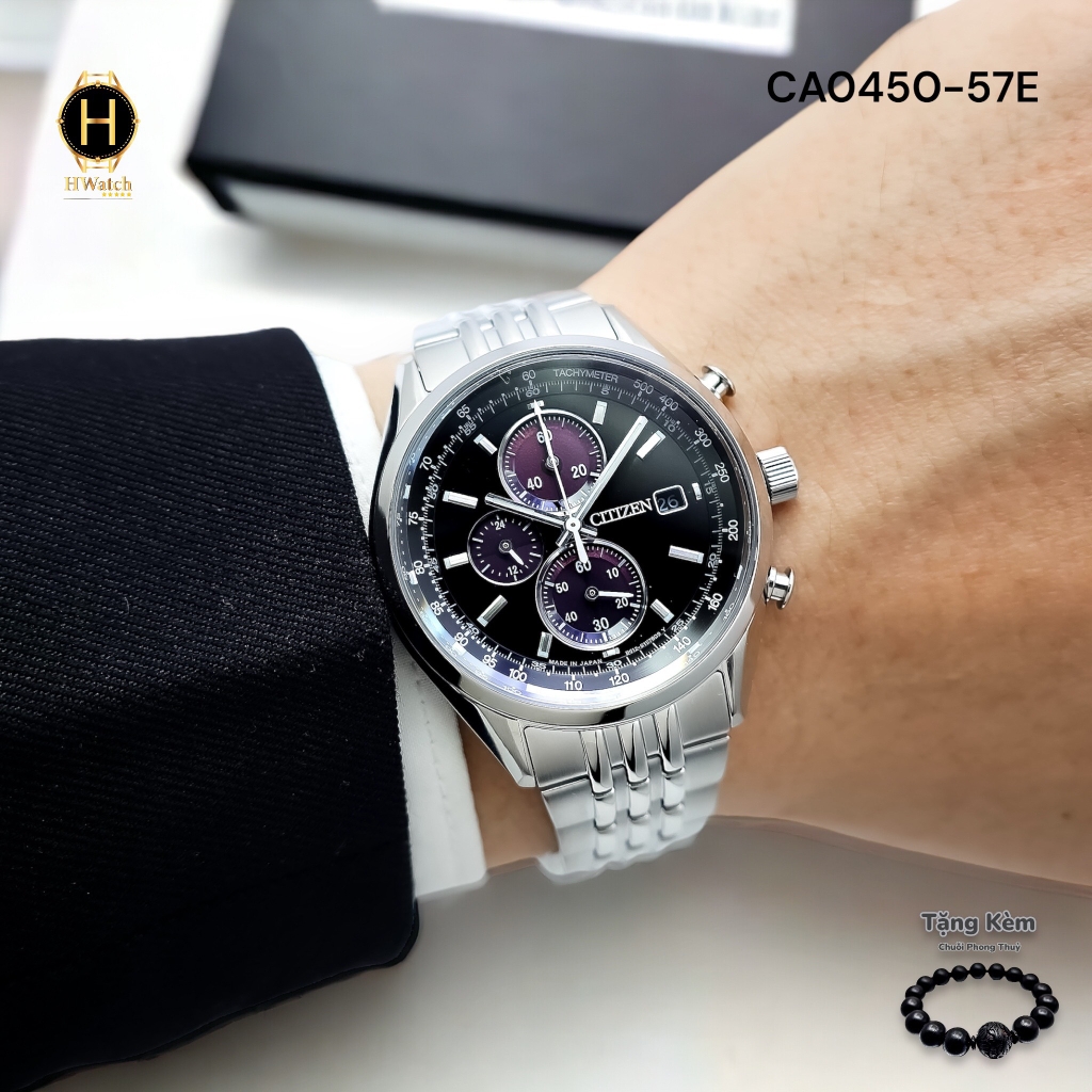 Đồng Hồ Nam Citizen Quartz Eco-Drive Chronograph CA0450-57E Dây Thép Vỏ Trắng Mặt Đen Sapphire