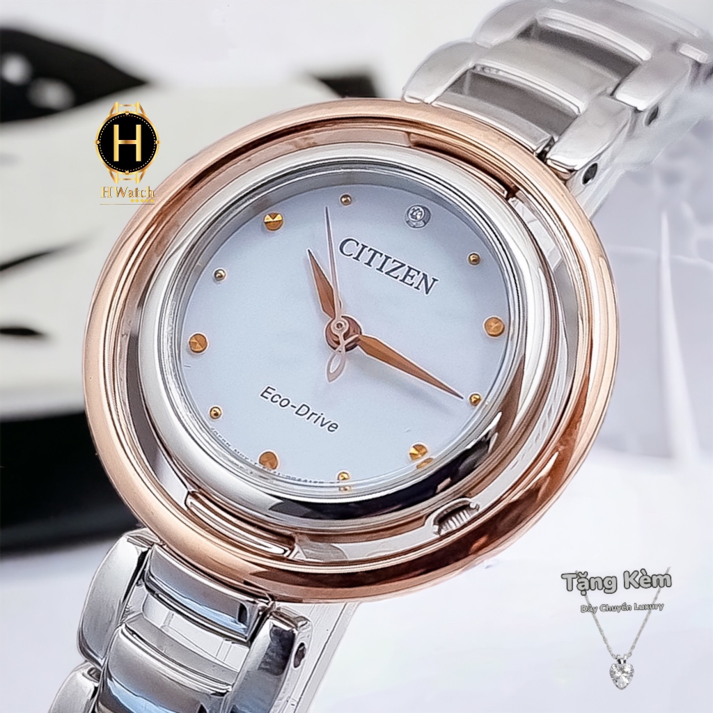 Đồng Hồ Nữ Citizen Pin Eco-Drive EM0668-83A  Dây Sắt Demi Rose Mặt Trắng Sapphire