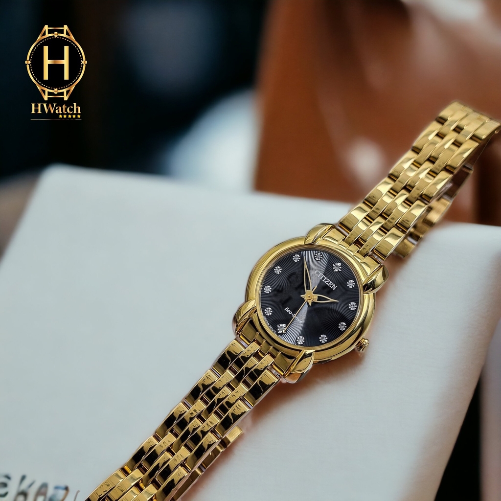 Đồng Hồ Nữ Citizen Quartz Eco-Drive EM0712-59E Dây Sắt Vàng Mặt Đen Sapphire