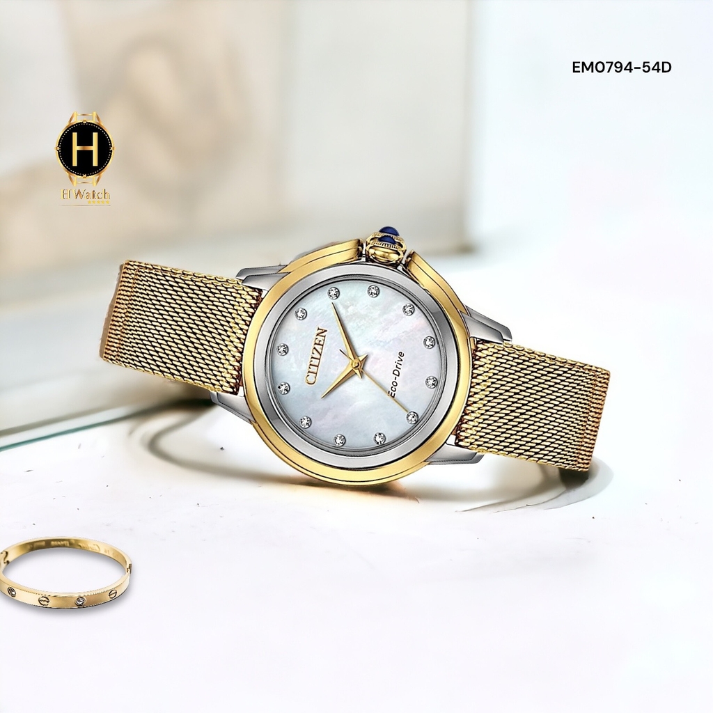 Đồng Hồ Nữ Citizen Quartz Eco-Drive EM0794-54D Dây Thép Vàng Mặt Trắng Xà Cừ