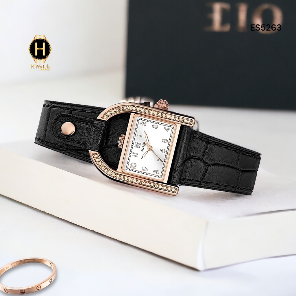 Đồng Hồ Nữ Fossil Quartz Harwell ES5263 Dây Da Đen Thép Vàng Hồng Mặt Trắng