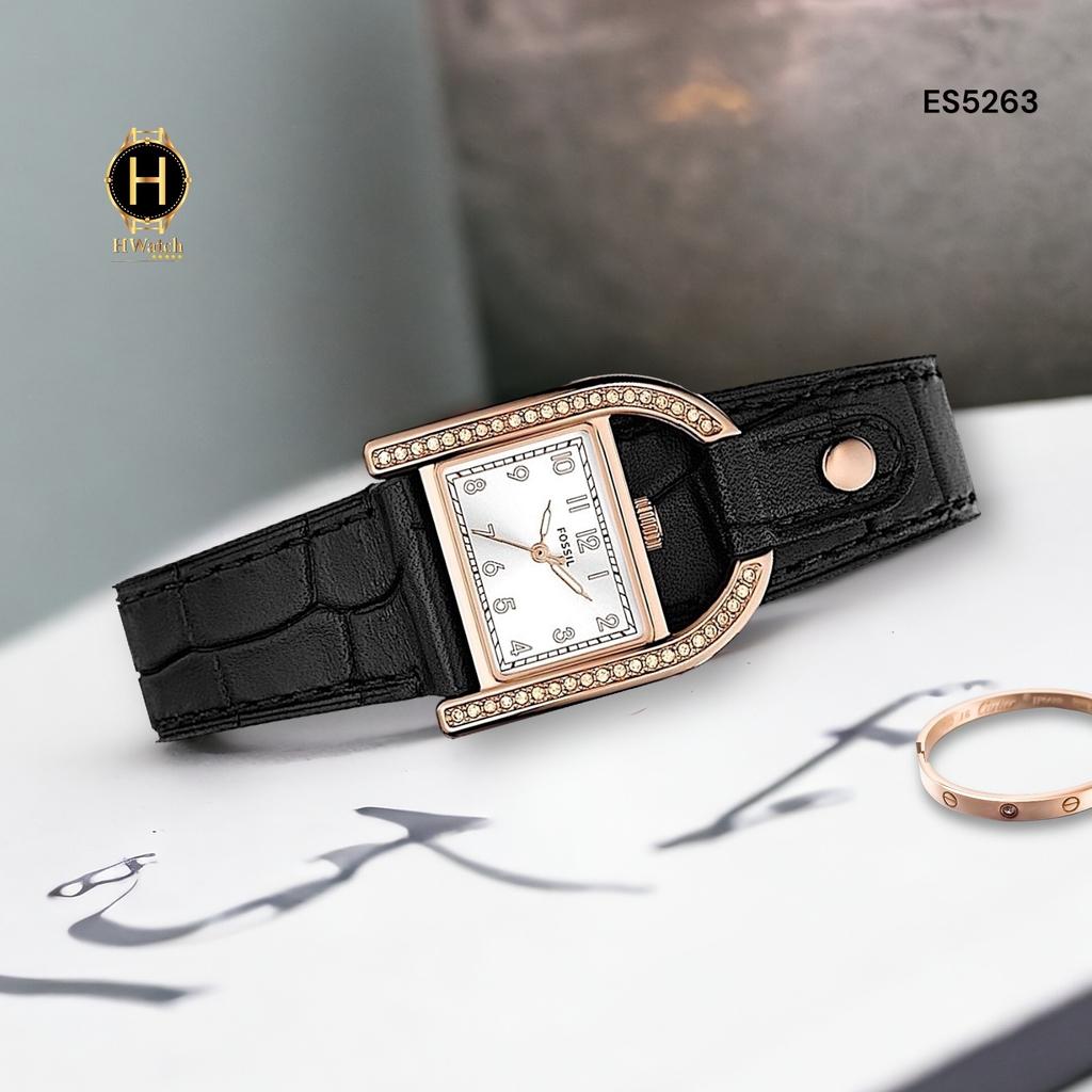 Đồng Hồ Nữ Fossil Quartz Harwell ES5263 Dây Da Đen Thép Vàng Hồng Mặt Trắng
