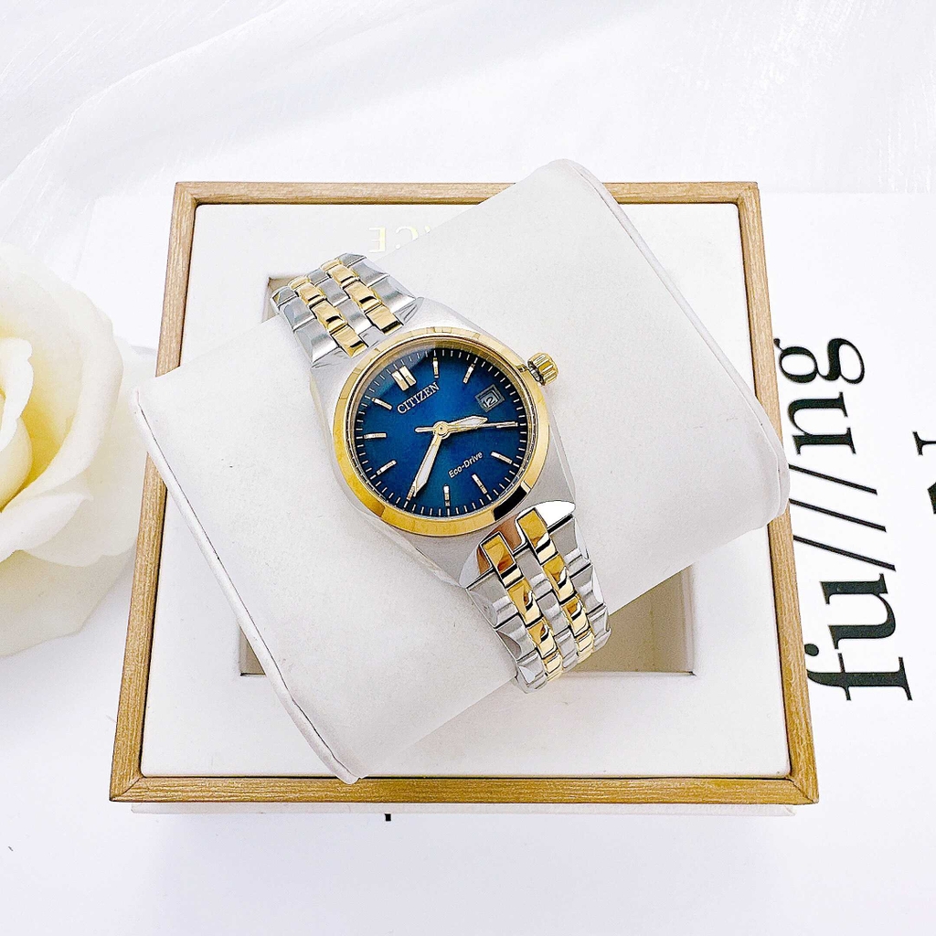 Đồng Hồ Nữ Citizen Quartz Eco-drive Dây Thép Demi Vàng Mặt Xanh Dương EW2294-53L