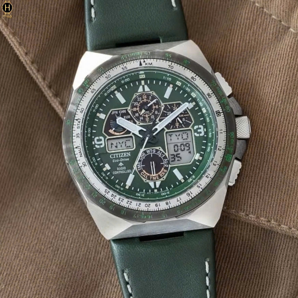Đồng Hồ Nam Citizen Quartz Eco-Drive Promaster Skyhawk A-T Chronograph Green JY8147-01X