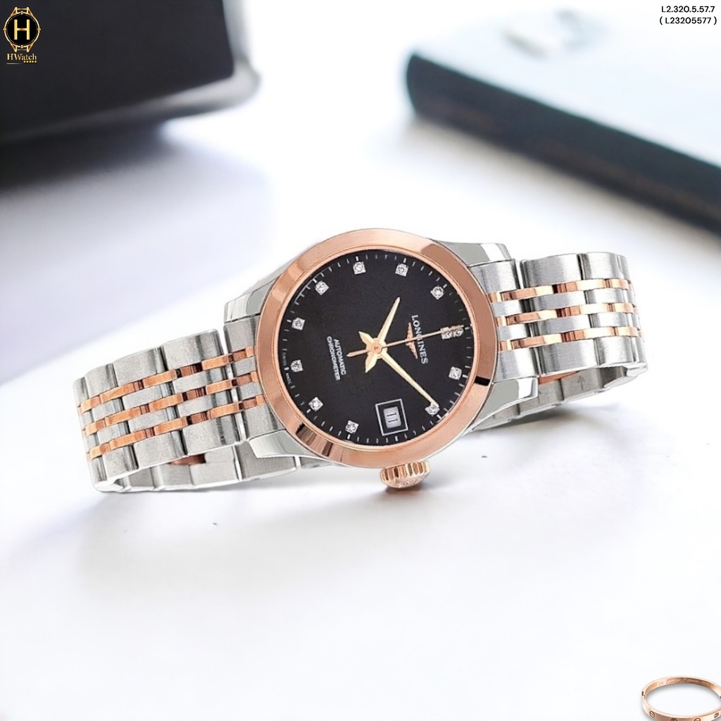 Đồng Hồ Nữ Longines Automatic Record Chronometer L2.320.5.57.7 (L23205577) Dây Thép Demi Mặt Đen Sapphire.