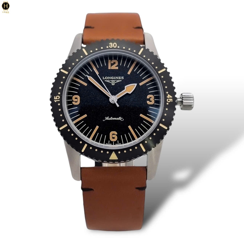 Đồng Hồ Nam Longines Automatic Diver L2.822.4.56.2 Heritage Dây Da Nâu Mặt Đen.