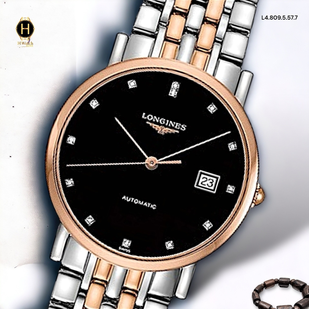 Đồng Hồ Unisex Longines Automatic L4.809.5.57.7 Dây Thép Demi Vàng Hồng Mặt Đen Đính Diamond.