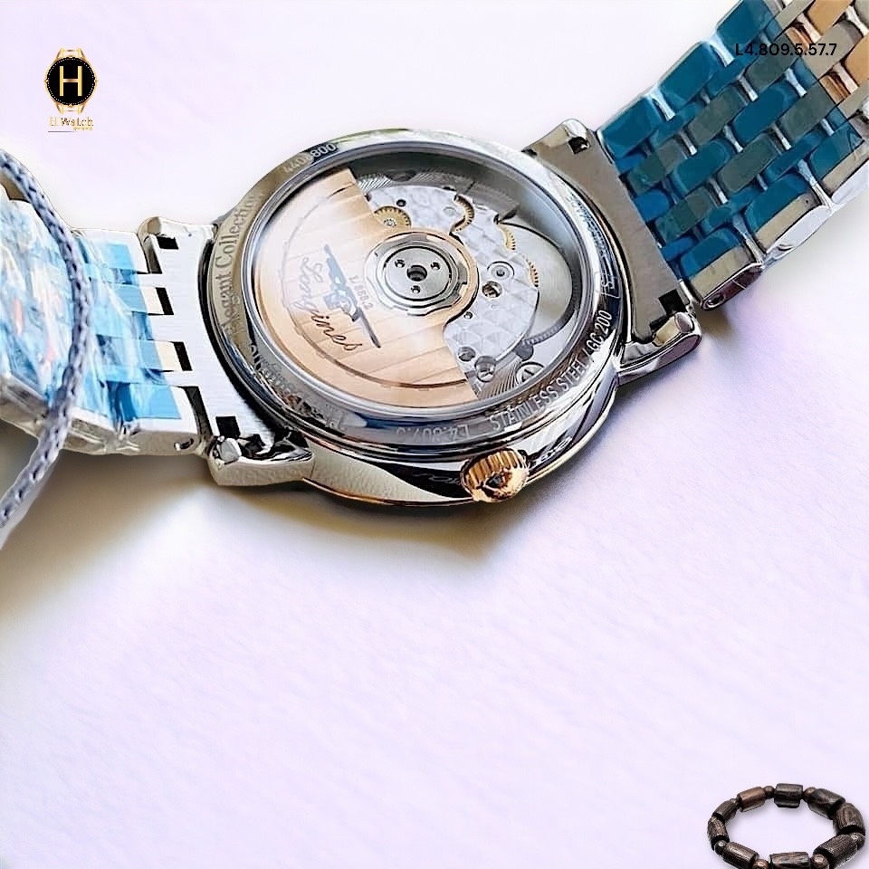 Đồng Hồ Unisex Longines Automatic L4.809.5.57.7 Dây Thép Demi Vàng Hồng Mặt Đen Đính Diamond.