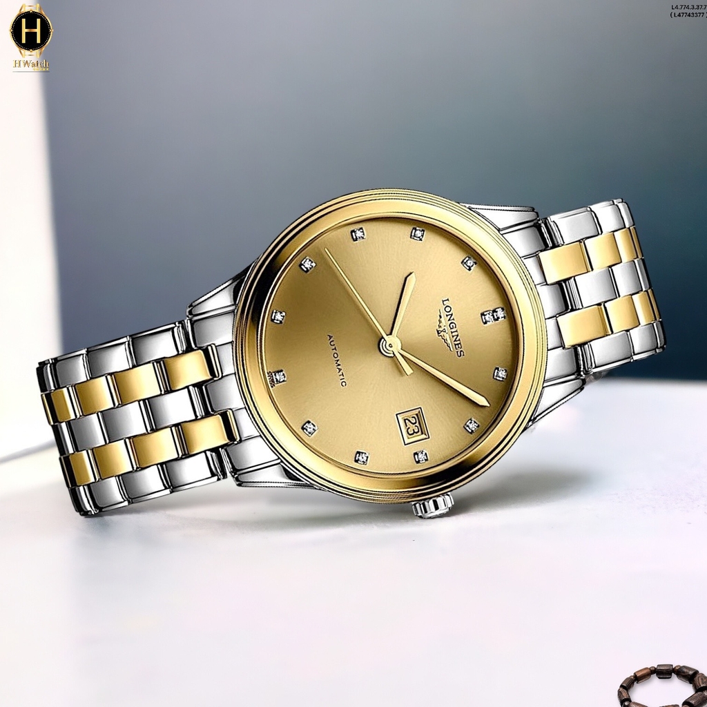 Đồng Hồ Nam Longines Automatic Flagship L4.774.3.37.7 (L47743377) Dây Thép Demi Vàng Mặt Vàng Sapphire.