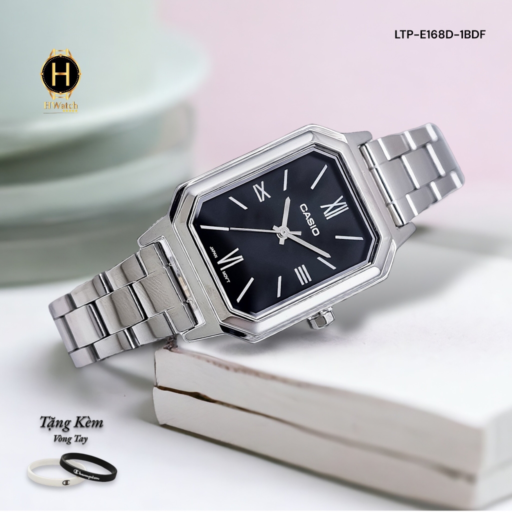Đồng Hồ Nữ Casio Quartz LTP-E168D-1BDF Thép Trắng Mặt Đen