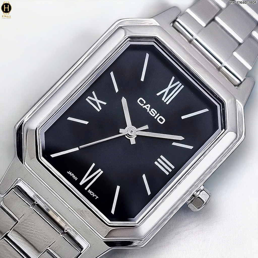 Đồng Hồ Nữ Casio Quartz LTP-E168D-1BDF Thép Trắng Mặt Đen
