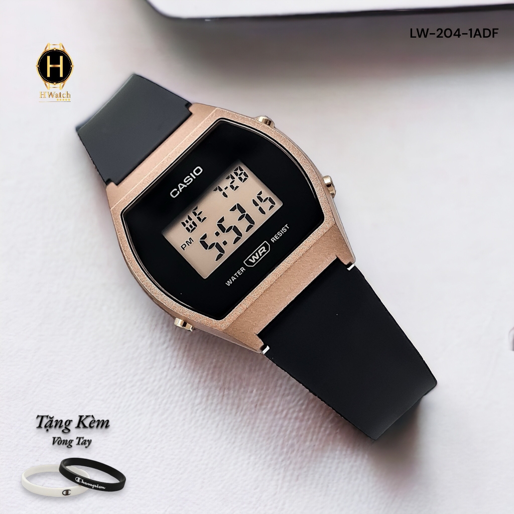 Đồng Hồ Nữ Casio LW-204-1ADF Dây Cao Su Đen Mặt Đen Viền Hồng