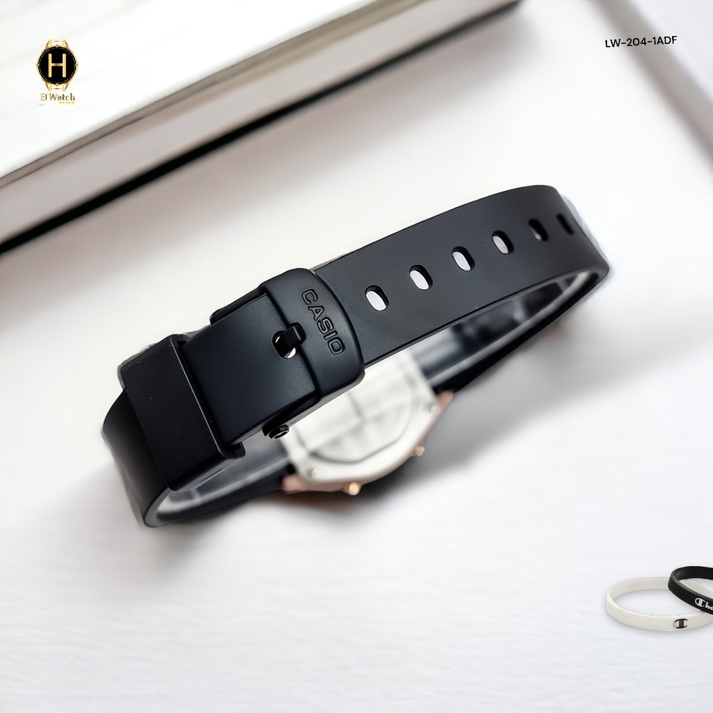Đồng Hồ Nữ Casio LW-204-1ADF Dây Cao Su Đen Mặt Đen Viền Hồng