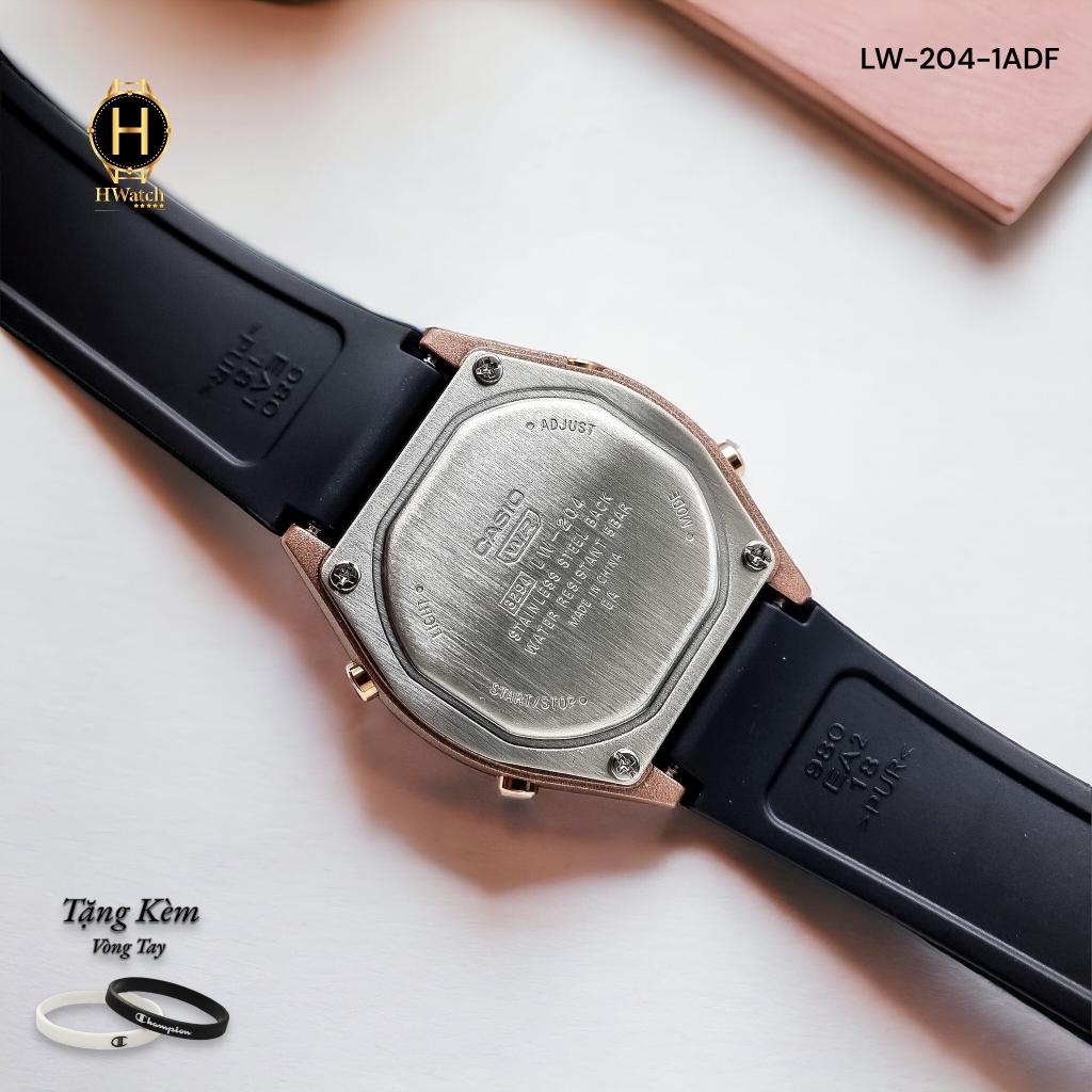 Đồng Hồ Nữ Casio LW-204-1ADF Dây Cao Su Đen Mặt Đen Viền Hồng