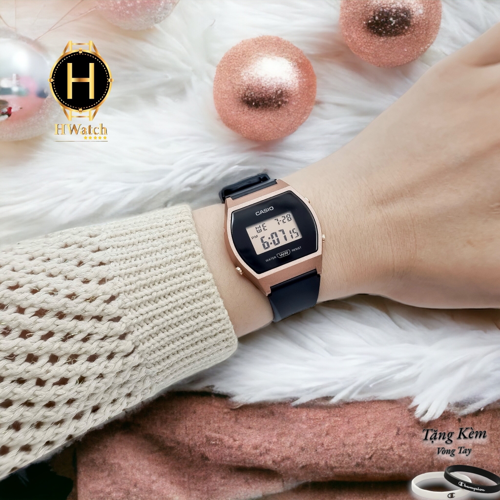Đồng Hồ Nữ Casio LW-204-1ADF Dây Cao Su Đen Mặt Đen Viền Hồng
