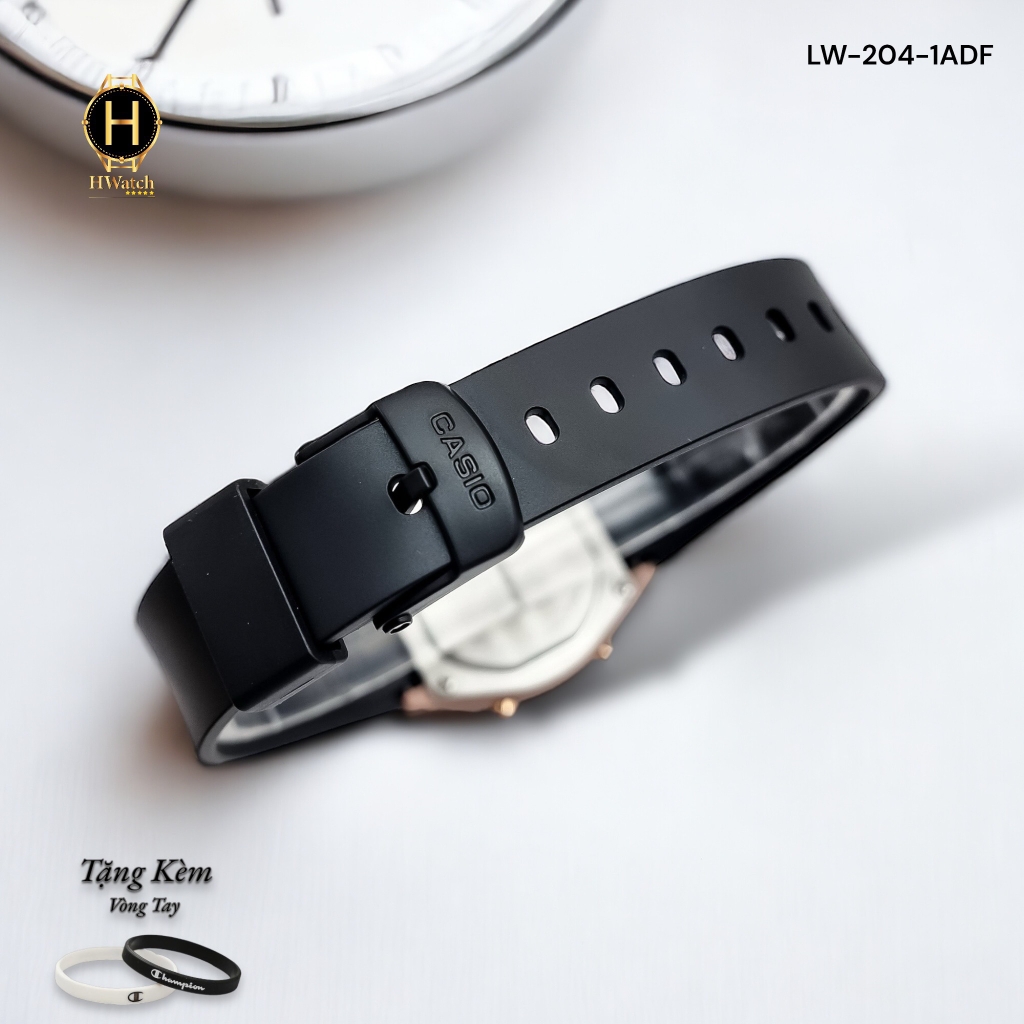 Đồng Hồ Nữ Casio LW-204-1ADF Dây Cao Su Đen Mặt Đen Viền Hồng