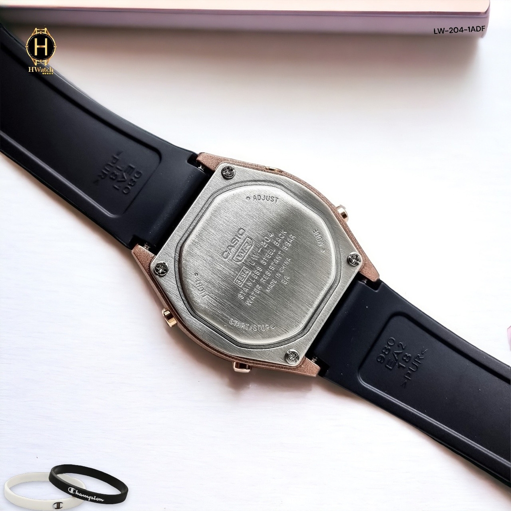 Đồng Hồ Nữ Casio LW-204-1ADF Dây Cao Su Đen Mặt Đen Viền Hồng