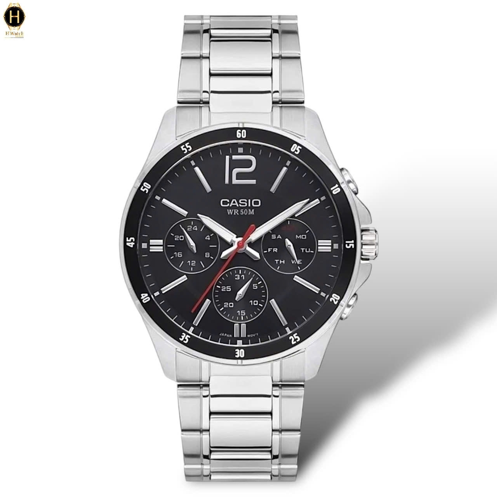 Đồng Hồ Nam Casio Pin MTP-1374D-1AVDF Dây Thép Bạc Mặt Đen