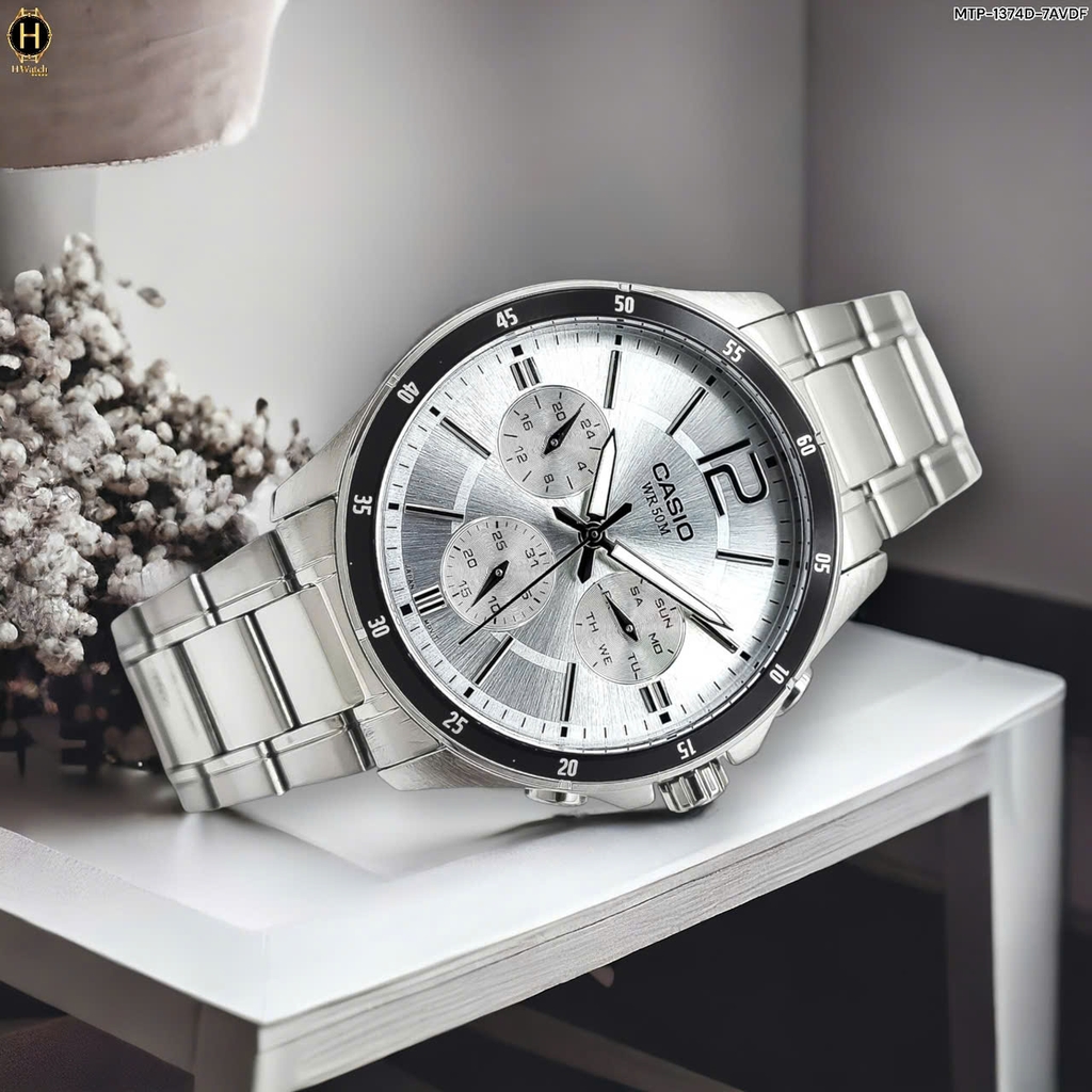 Đồng Hồ Nam Casio Quartz MTP-1374D-7AVDF Dây Thép Bạc Mặt Đen
