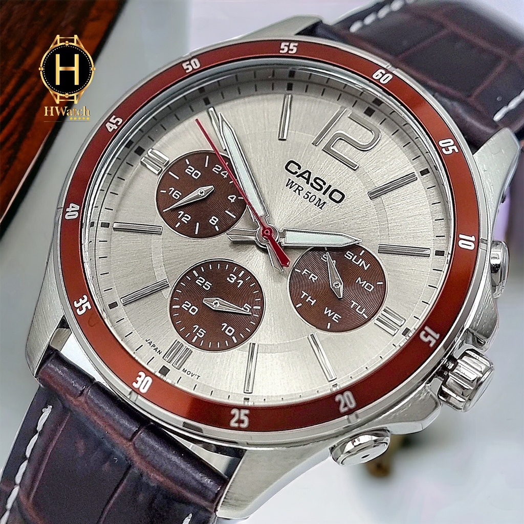 Đồng Hồ Nam Casio Quartz MTP-1374L-7A1VDF Pin Da Nâu Viền Đỏ