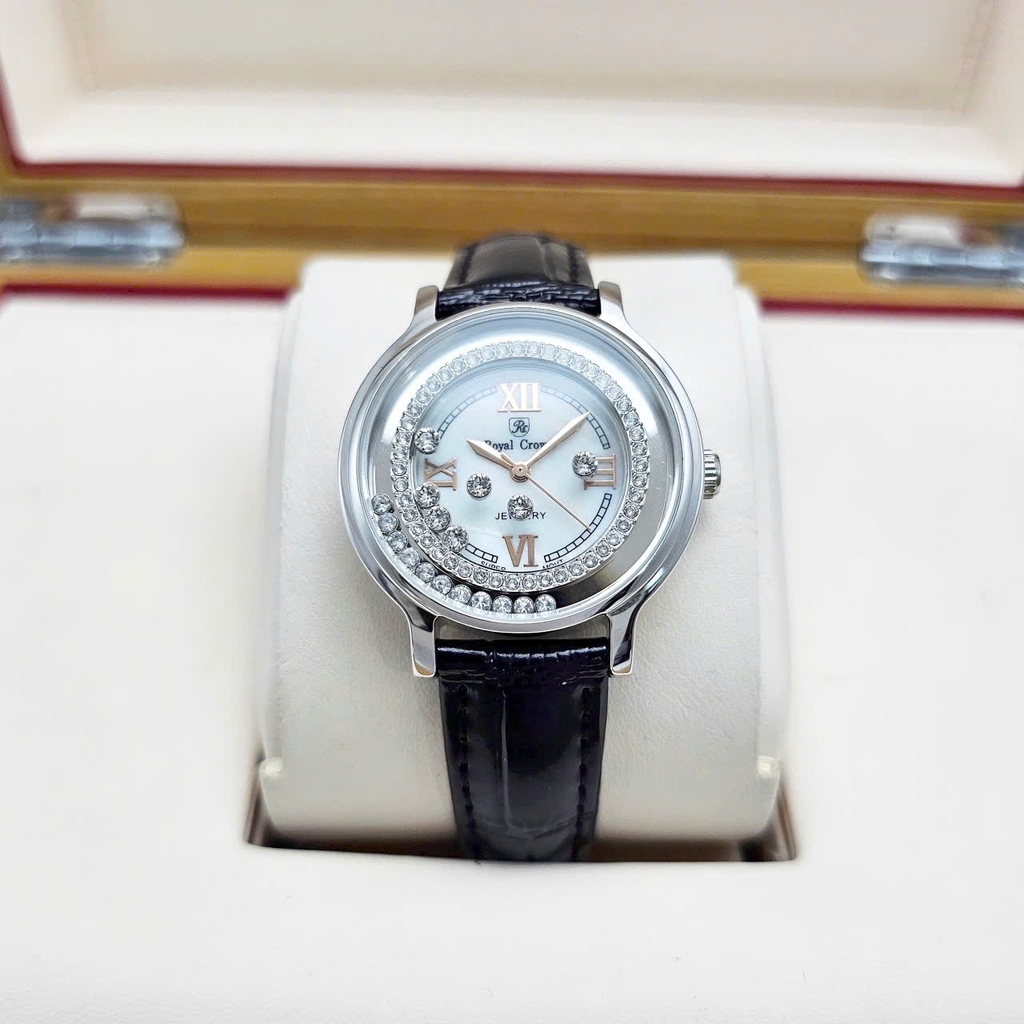 Đồng Hồ Nữ Royal Crown Quartz 3638 Da Đen