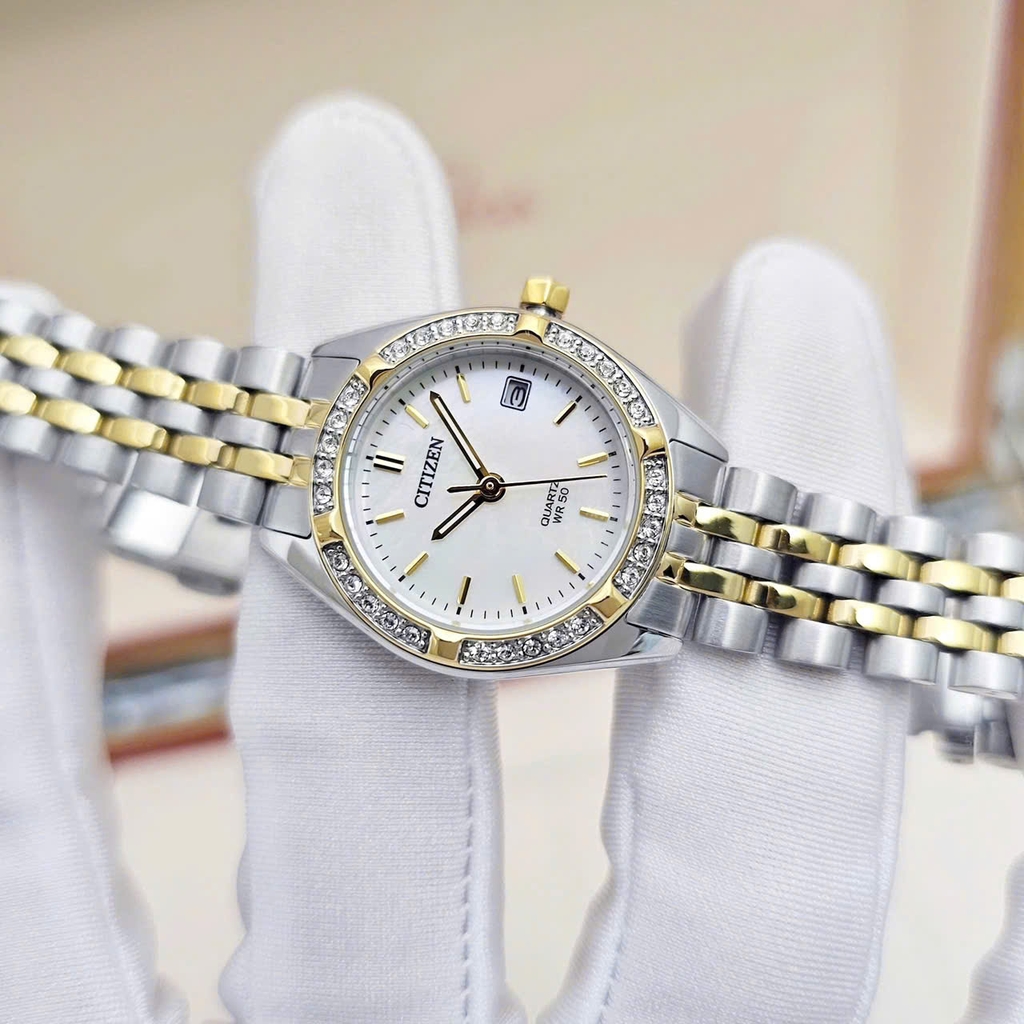Đồng Hồ Nữ Citizen Quartz EU6064-54D Dây Thép Vỏ Trắng Mặt Khảm Trai 