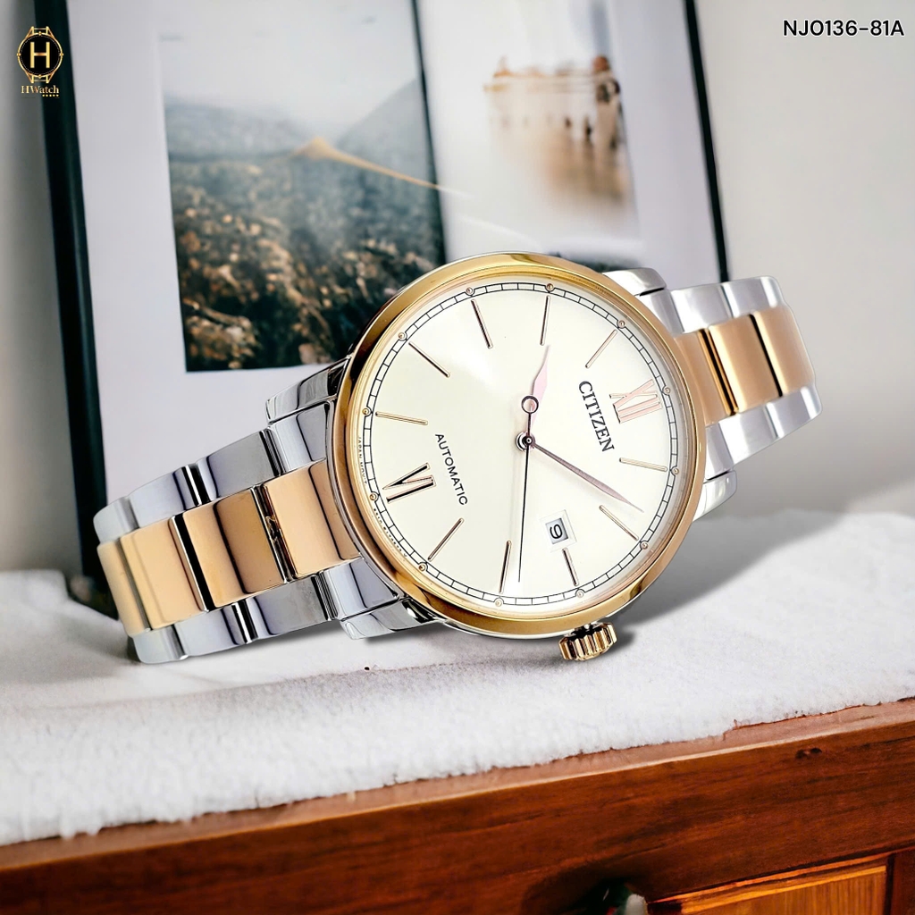 A Đồng Hồ Nam Automatic NJ0136-81A Dây Thép Demi Vàng Hồng Mặt Vàng Hồng.