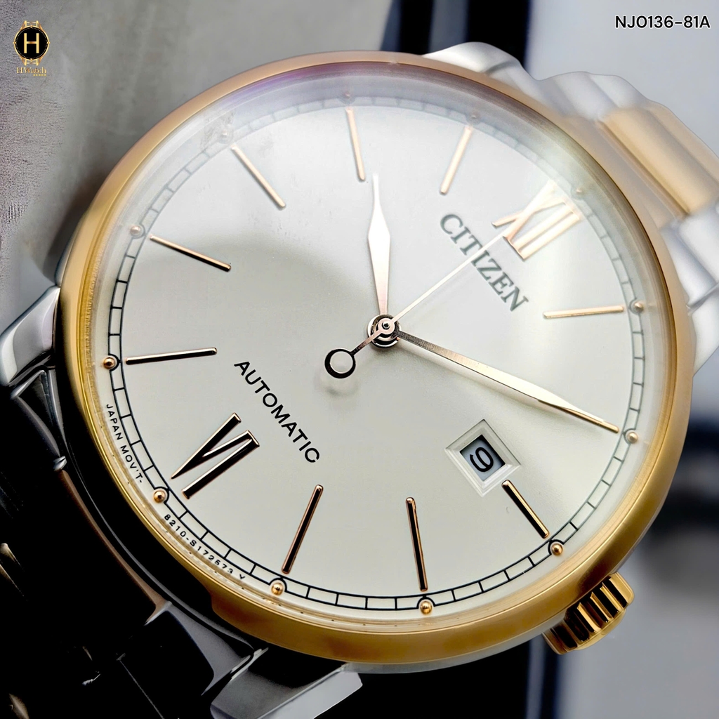 A Đồng Hồ Nam Automatic NJ0136-81A Dây Thép Demi Vàng Hồng Mặt Vàng Hồng.