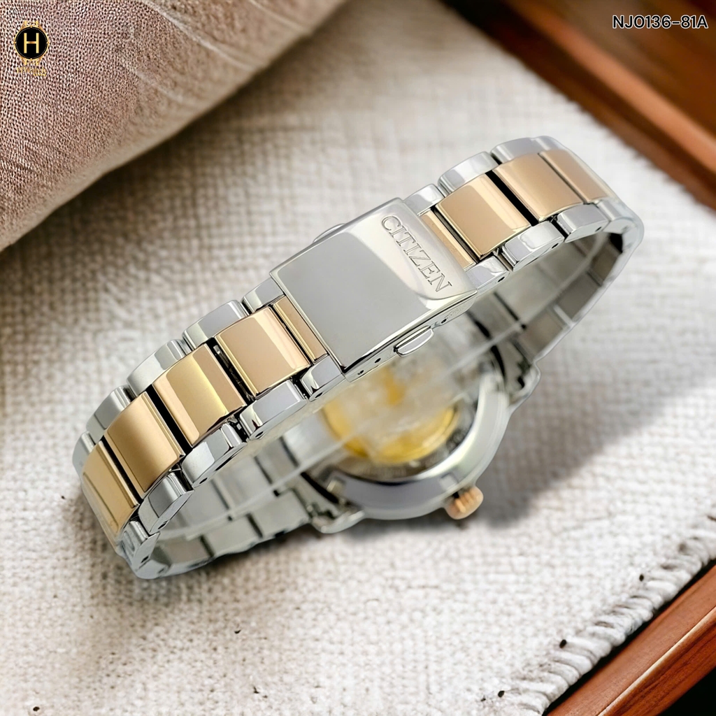 A Đồng Hồ Nam Automatic NJ0136-81A Dây Thép Demi Vàng Hồng Mặt Vàng Hồng.