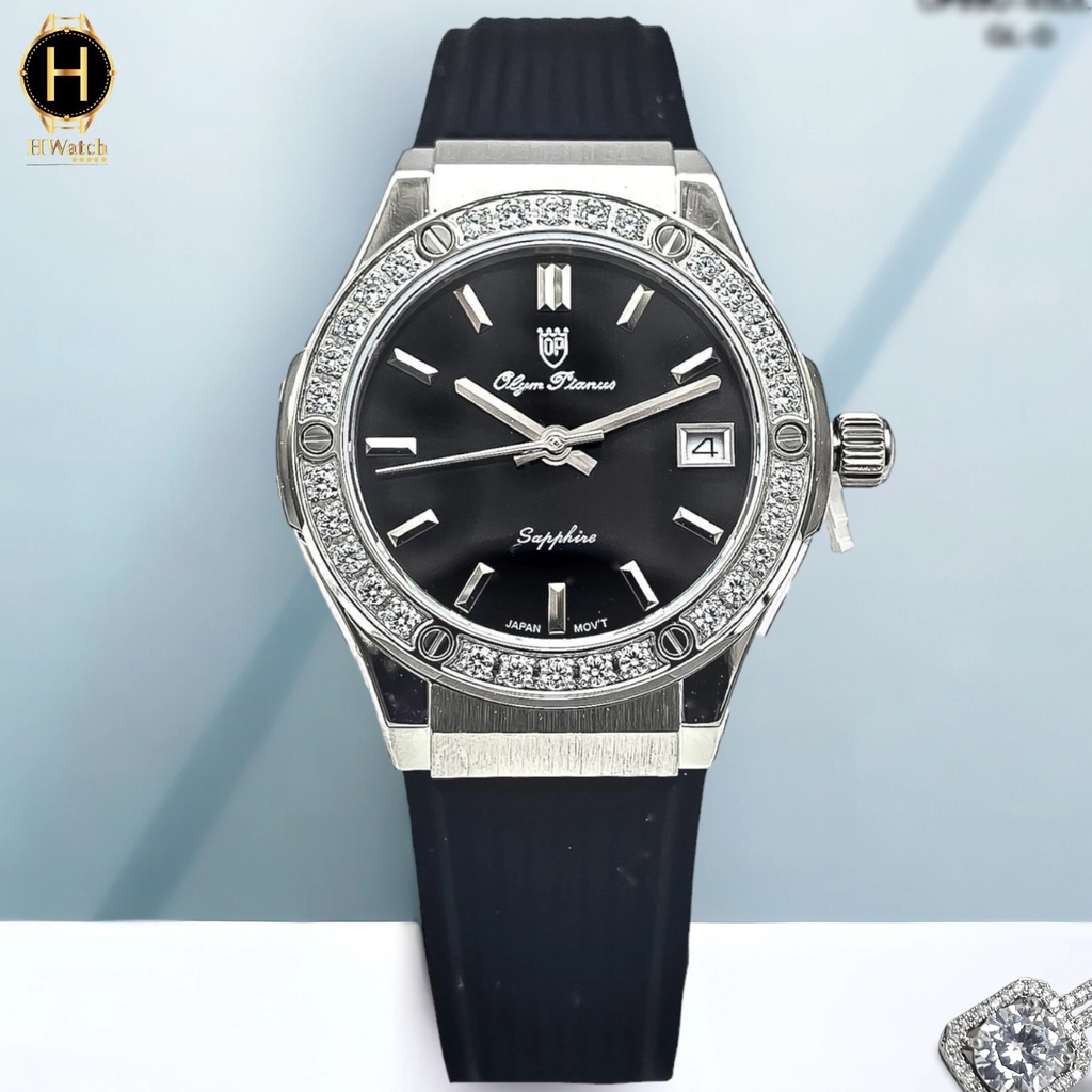Đồng Hồ Nữ Olym Pianus Quartz OP990-45DLS-GL-D Dây Cao Su Mặt Đen Sapphire