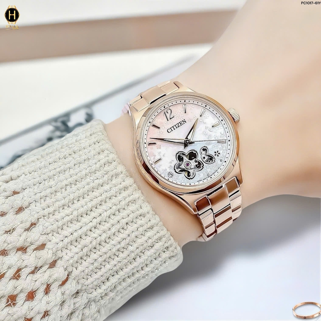 Đồng Hồ Nữ Citizen Automatic Mechanical Rose Open Heart PC1017-61Y