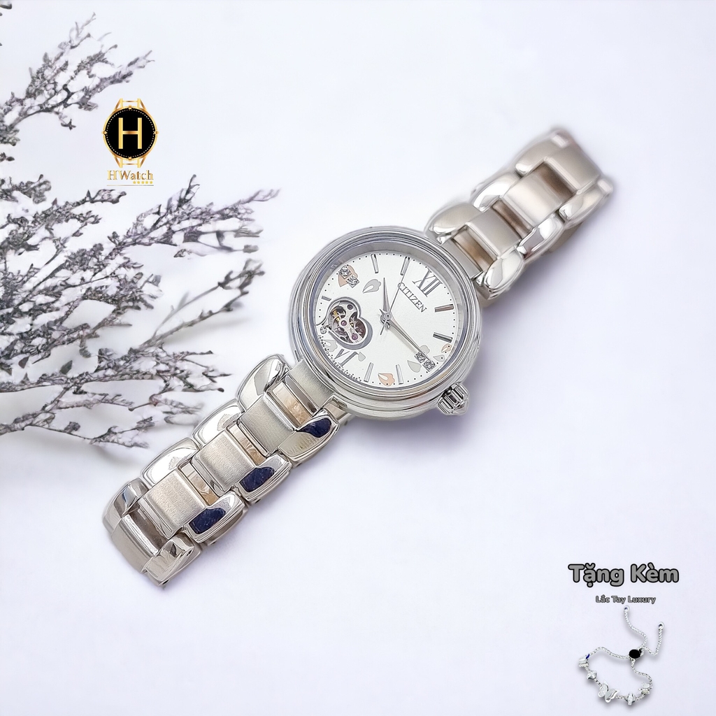 Đồng Hồ Nữ CITIZEN Cơ PR1020-85A Dây Thép Mặt Trắng Lộ  Kính Sapphire