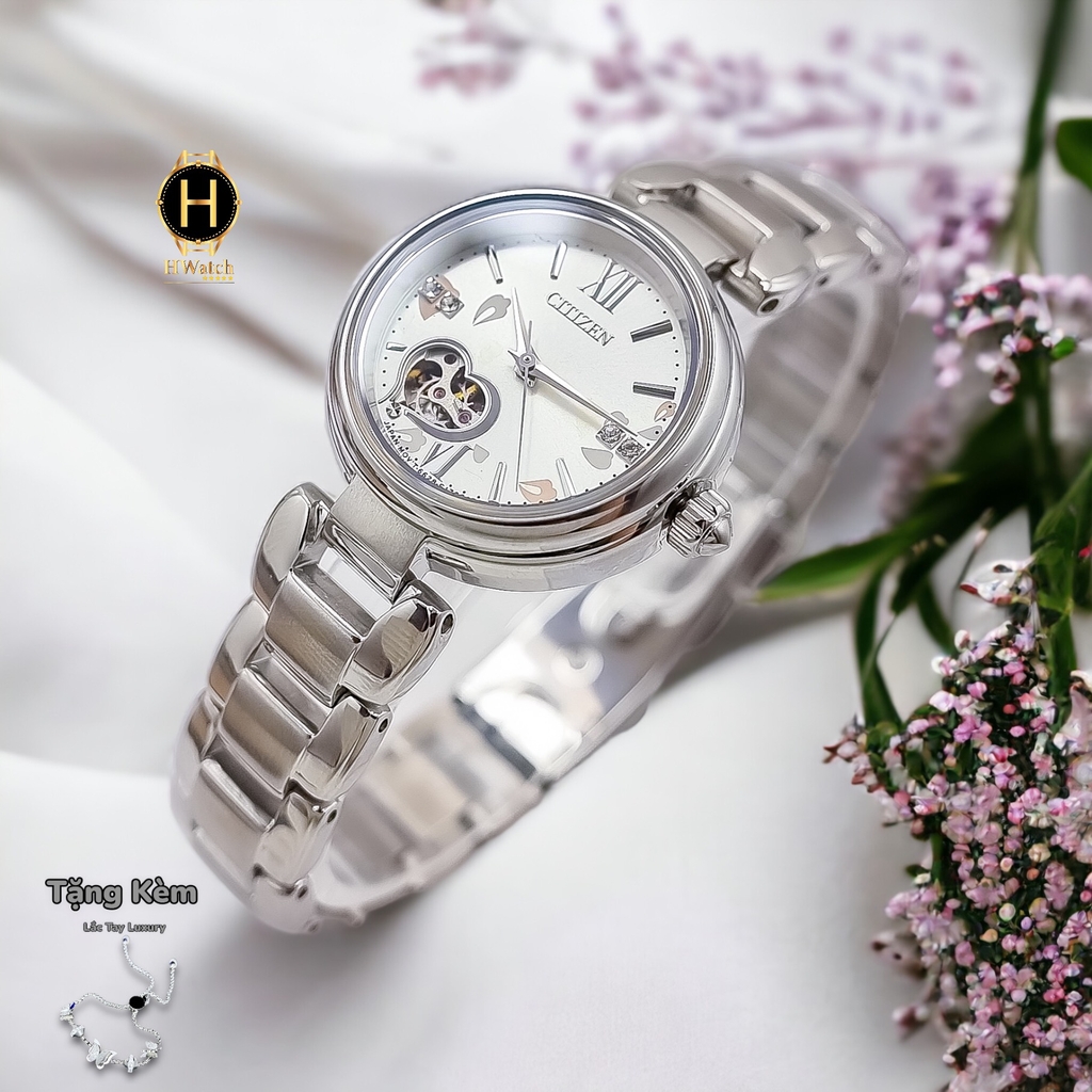 Đồng Hồ Nữ CITIZEN Cơ PR1020-85A Dây Thép Mặt Trắng Lộ  Kính Sapphire