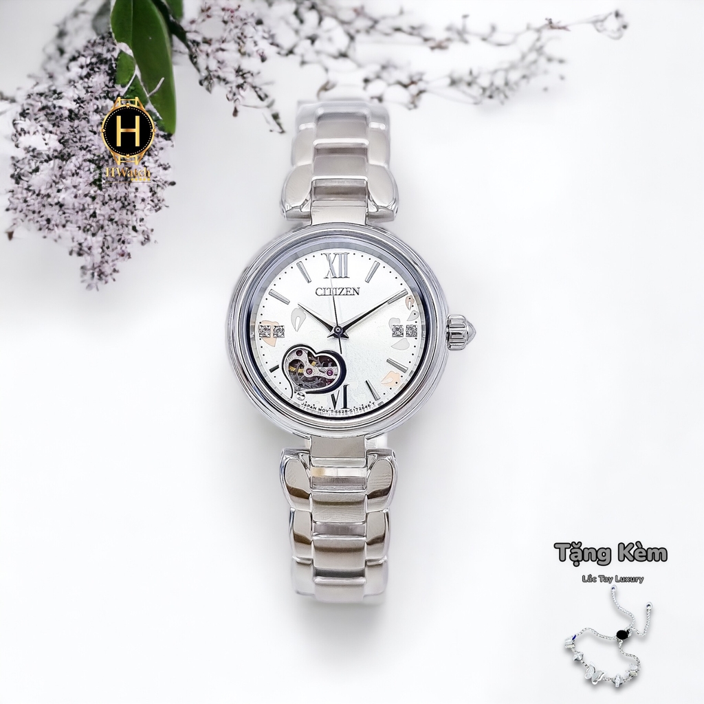 Đồng Hồ Nữ CITIZEN Cơ PR1020-85A Dây Thép Mặt Trắng Lộ  Kính Sapphire