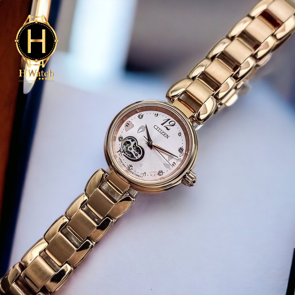 Đồng Hồ Nữ CITIZEN Cơ PR1022-80X Dây Thép Mạ Vàng Hồng Mặt Hồng Lộ  Kính Sapphire