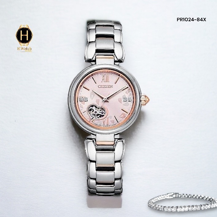 Đồng Hồ Nữ CITIZEN Automatic PR1024-84X Dây Thép Mặt Hồng Open Heart