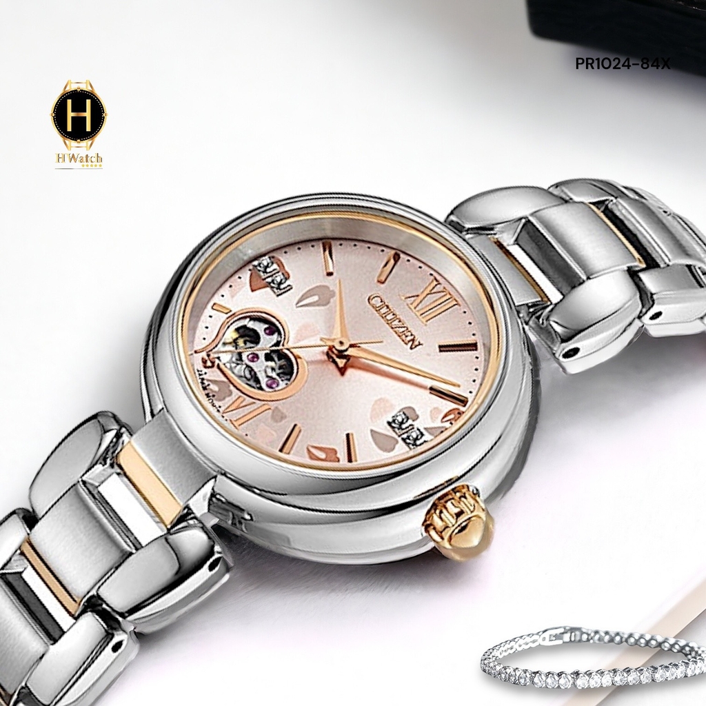 Đồng Hồ Nữ CITIZEN Automatic PR1024-84X Dây Thép Mặt Hồng Open Heart