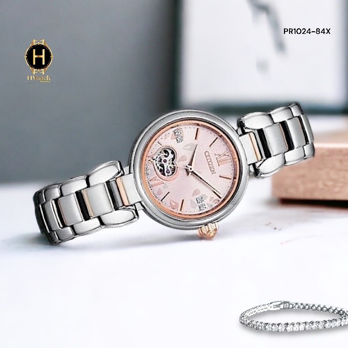 Đồng Hồ Nữ CITIZEN Automatic PR1024-84X Dây Thép Mặt Hồng Open Heart