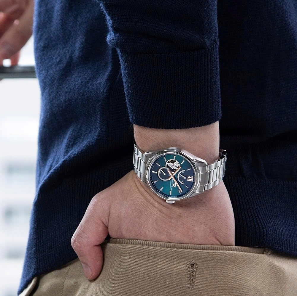Đồng Hồ Nam Orient Star Automatic Semi Skeleton BLue green Grandient MOP Dial RK-BY0001A
