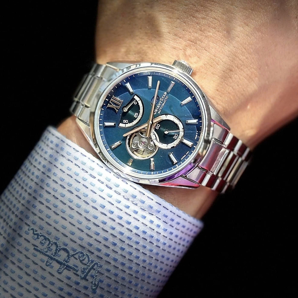 Đồng Hồ Nam Orient Star Automatic Semi Skeleton BLue green Grandient MOP Dial RK-BY0001A