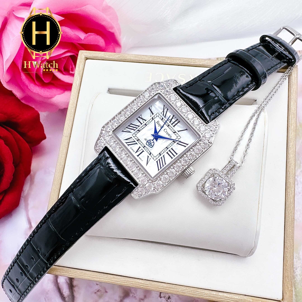 Đồng Hồ Nữ Royal Crown Quartz 6104M Vuông Da Đen